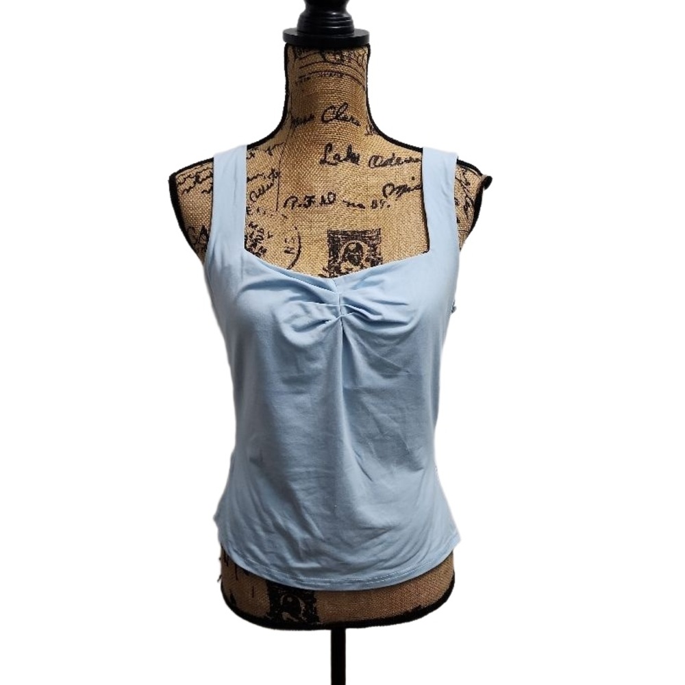 Womens Tank Top Size XL Light Blue Ruched Square Neckline Casual Chic - Picture 2 of 6